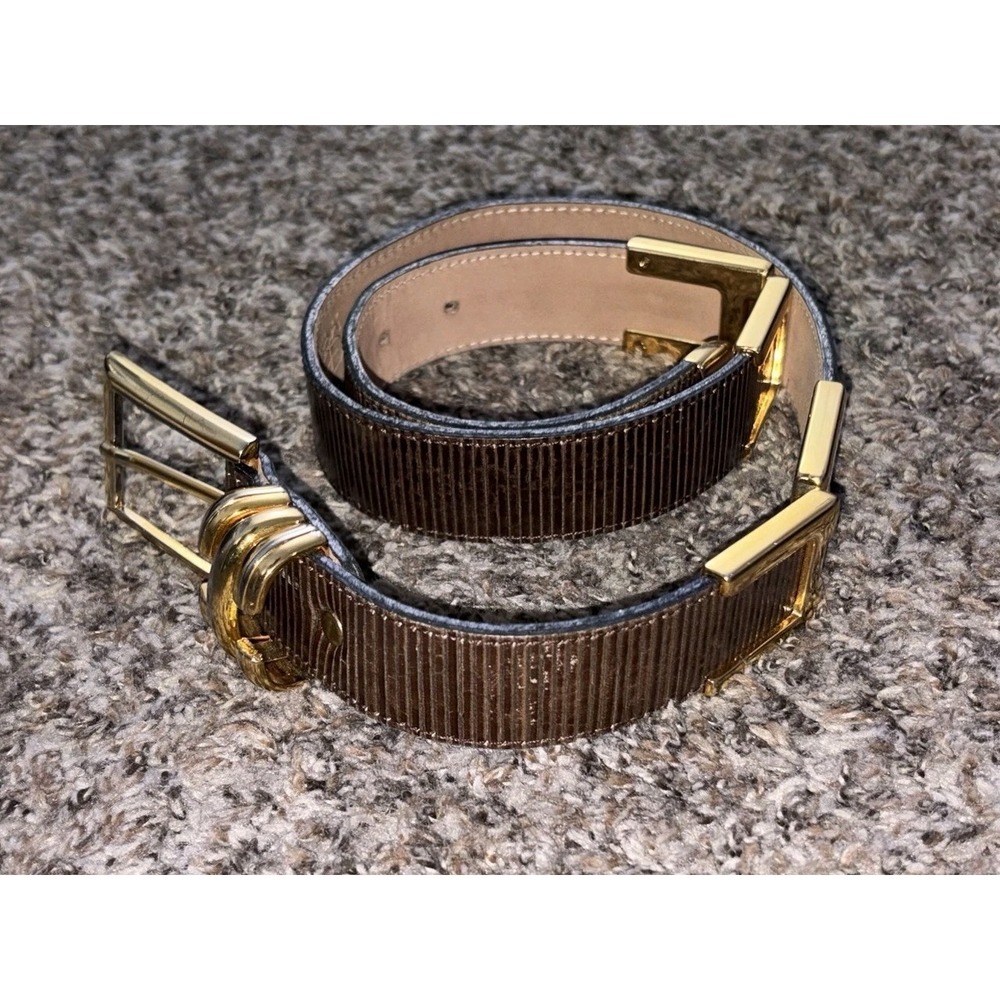 Vintage Belts By Simon Statement Belt Brown Leather Gold Hardware Women's Large